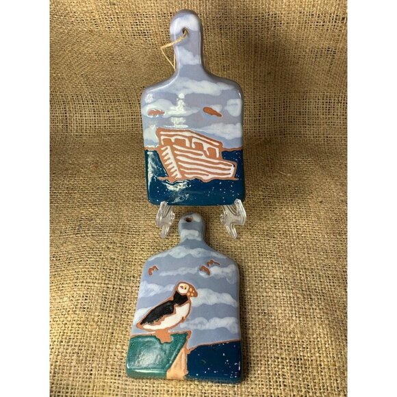 PEI Pottery Mini Ceramic Cutting Board Decor Puffin and Boat Carr's Pottery - Picture 1 of 8